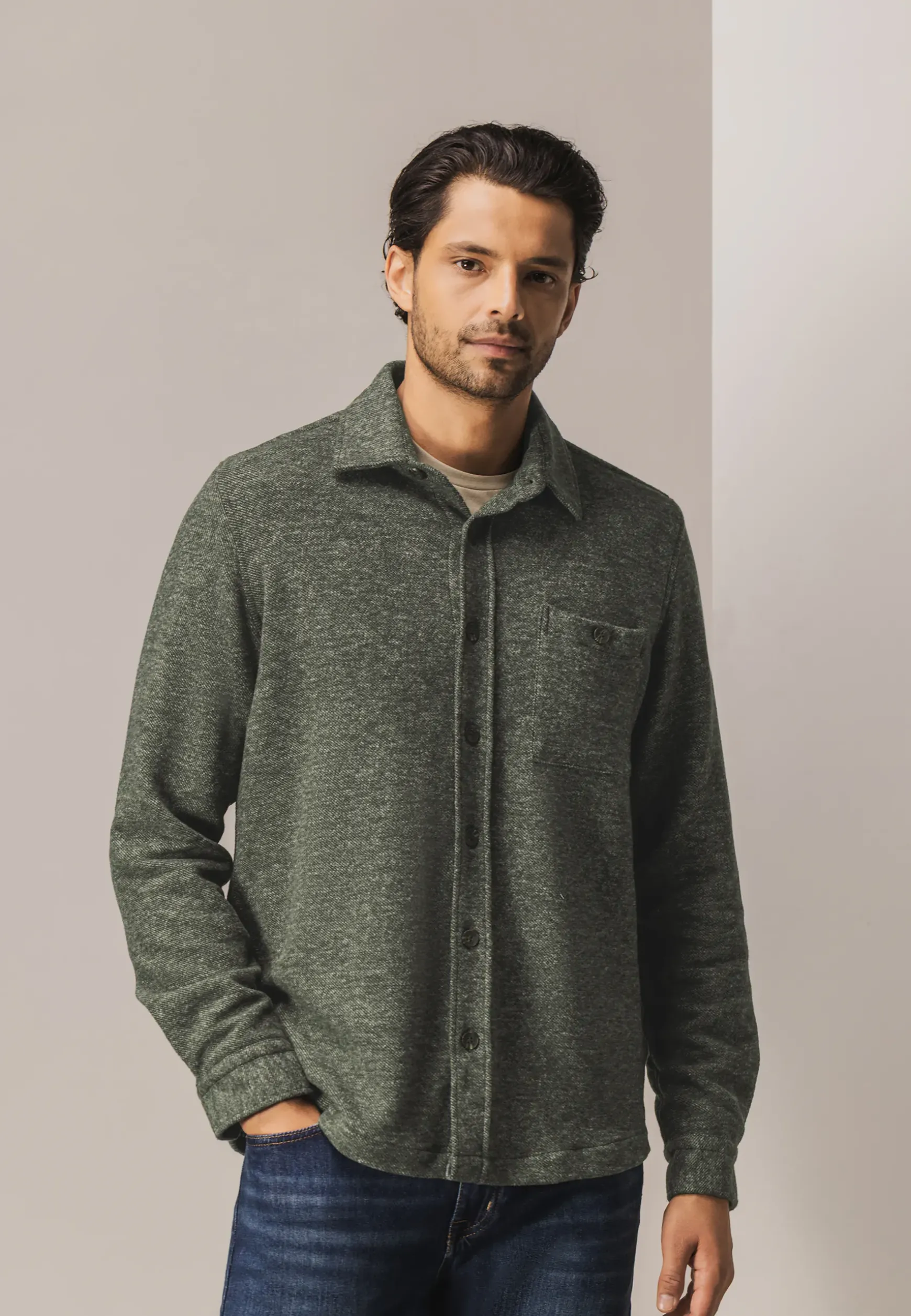 Gemêleerd overshirt met visgraatstructuur